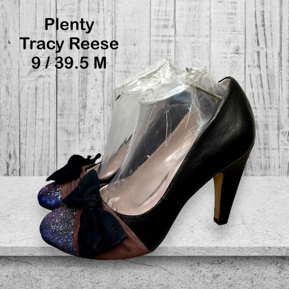 Plenty Tracy Reese Blk Leather Bow Glitter Toe High Heel Pump Womens Size 9/39.5 - Picture 1 of 12